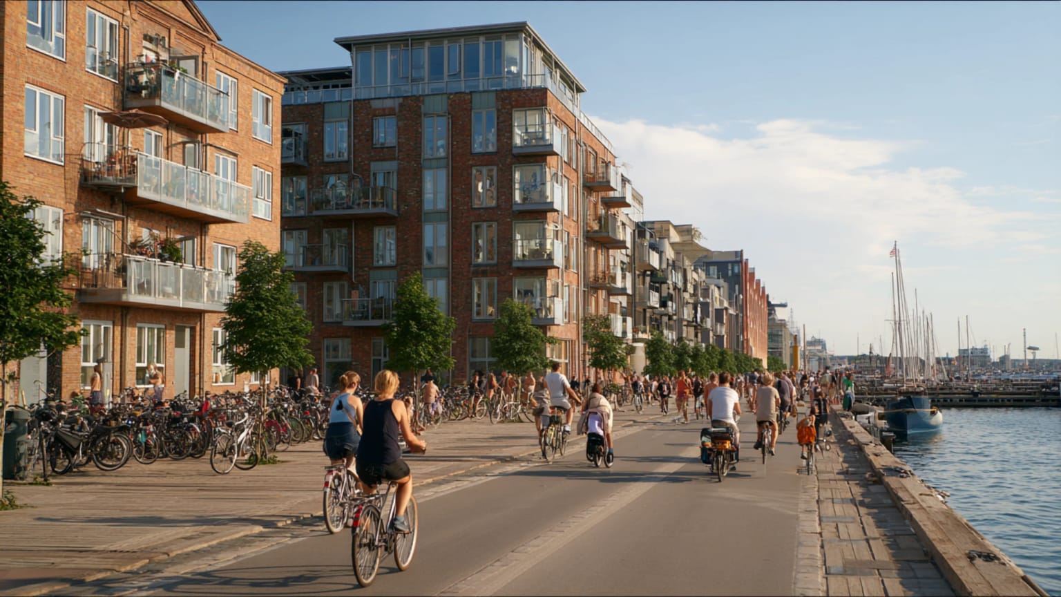 A Copenhagen canal-side street with cyclists, brick apartments, street trees, harbor water and people sitting outside in clear northern light