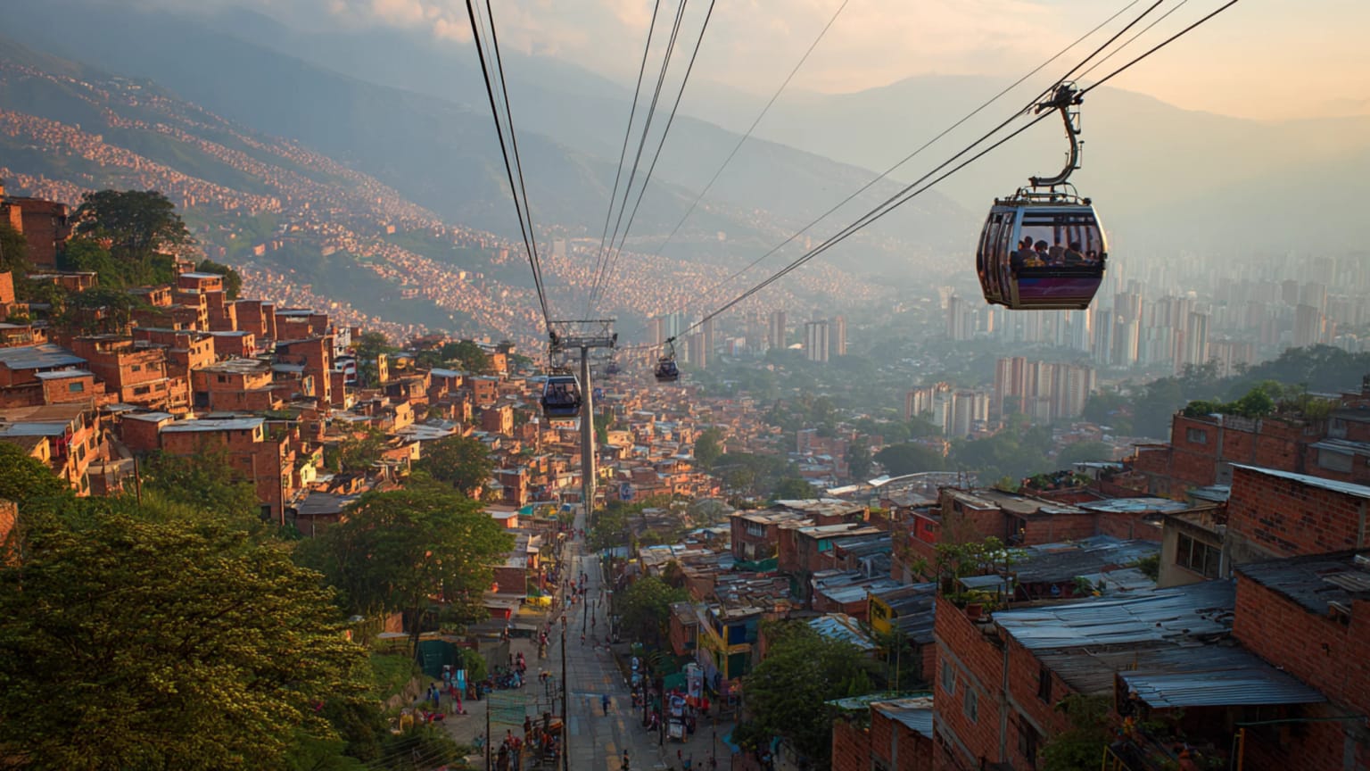 Medellin in evening light with mountains, dense hillside neighborhoods, a cable car line, trees, and people in a civic plaza