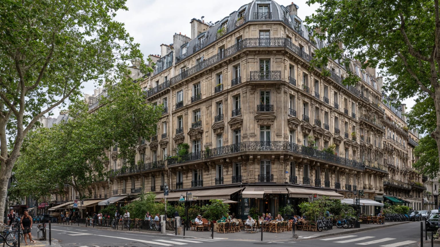 A Paris street with Haussmann blocks, café terraces, cyclists, trees and pedestrians near a neighborhood square in late afternoon light