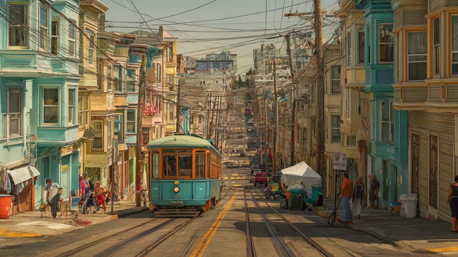A San Francisco hillside street with row houses, trees, bay light, and pedestrians moving toward a transit stop