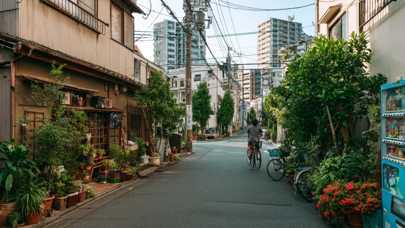 A Tokyo neighborhood street near a rail line with small shops, apartment buildings, utility wires, pedestrians and evening light