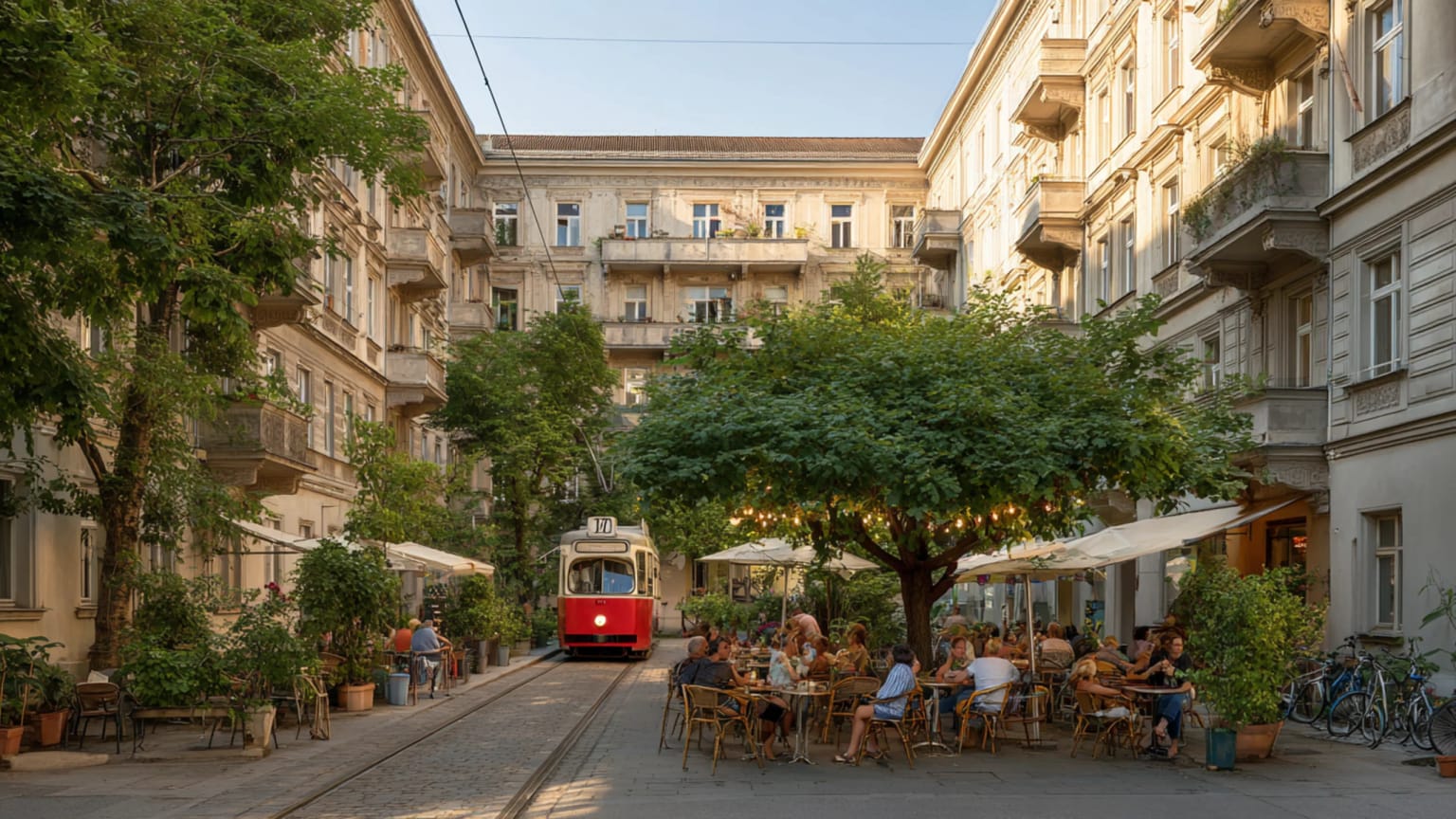 A broad Vienna street with trams, mature trees, mid-rise apartment blocks, corner shops and people crossing in warm evening light