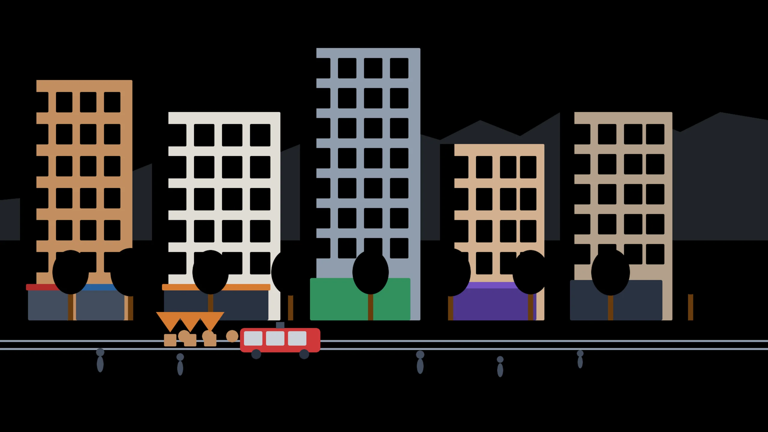 AI-generated hero image: European mid-rise streetscape with porticoes, active ground floors, trams, and climate-responsive façades at human scale