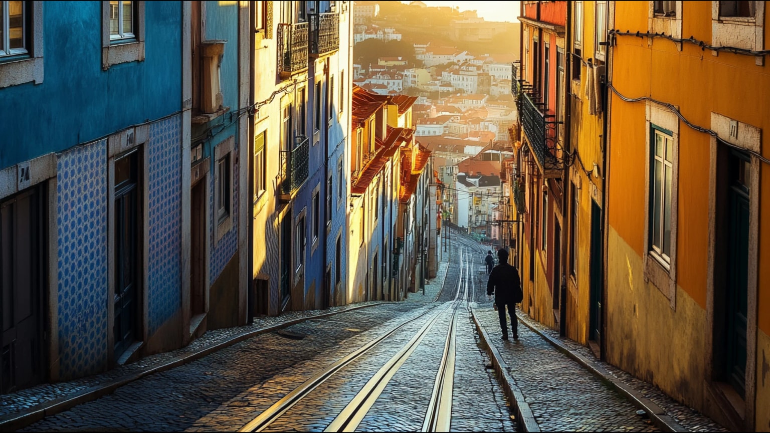 AI-generated hero image: Lisbon hillside with steep staircases and azulejo walls, multiple overlapping perspectives suggesting plurality of perception