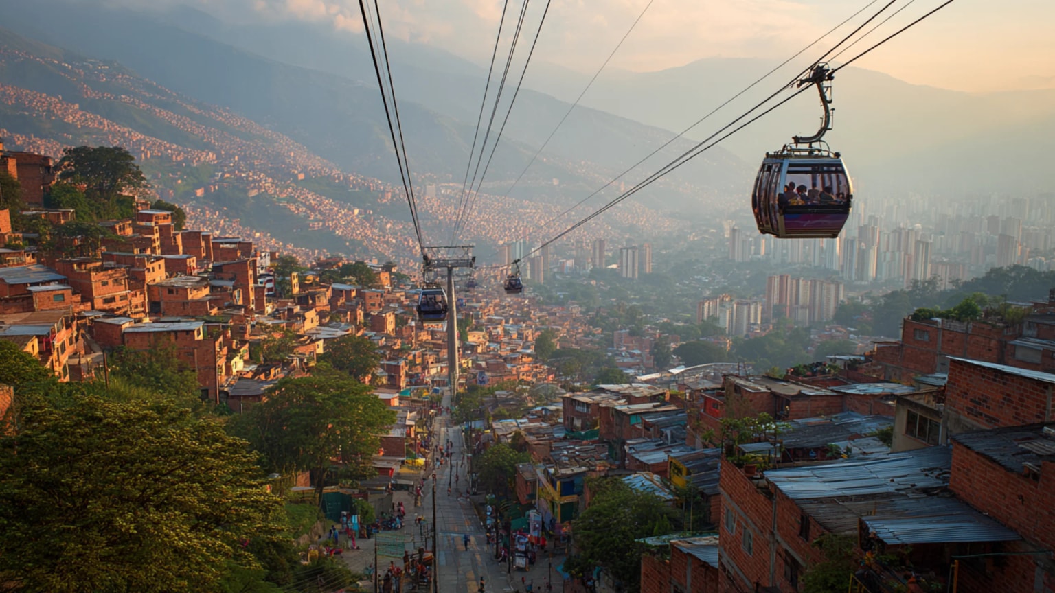 Medellin in evening light with mountains, dense hillside neighborhoods, a cable car line, trees, and people in a civic plaza