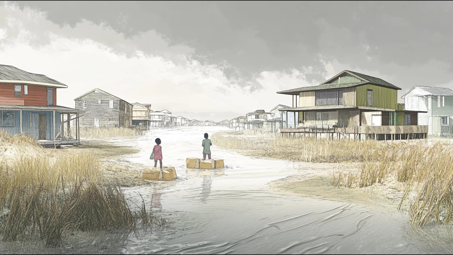 Coastal community with improvised flood barriers showing contrast between informal adaptation and formal infrastructure