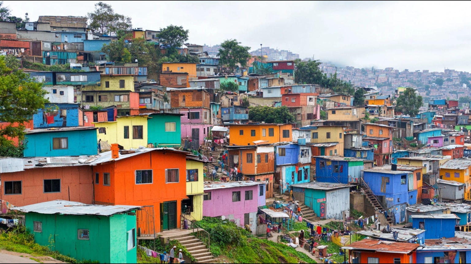 Hillside informal settlement showing incremental housing construction with community improvements visible