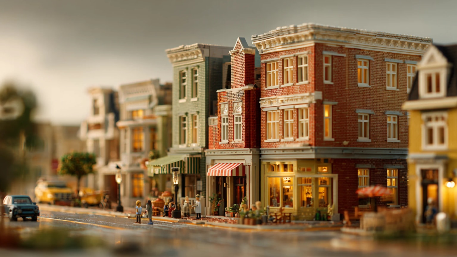 A quiet mid-rise city street at human scale—trams, street trees, people walking, apartments with lit windows above ground-floor shops
