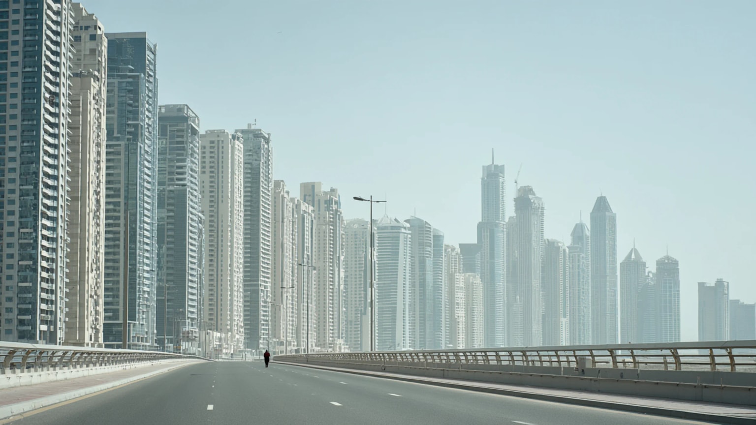 A Dubai boulevard at twilight with towers, wide roads, a metro line, and small groups of pedestrians moving through the heat