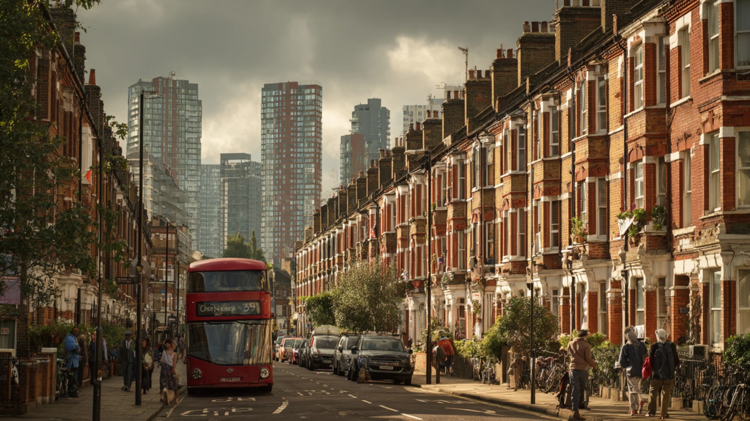 A London street near dusk with terraced buildings, buses, trees, and people walking toward a station
