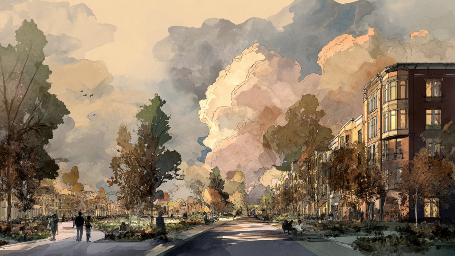 AI-generated hero image: a painterly street-level view of a continuous mid-rise terrace, four to six storeys, with street trees, pedestrians and open sky above the pavement