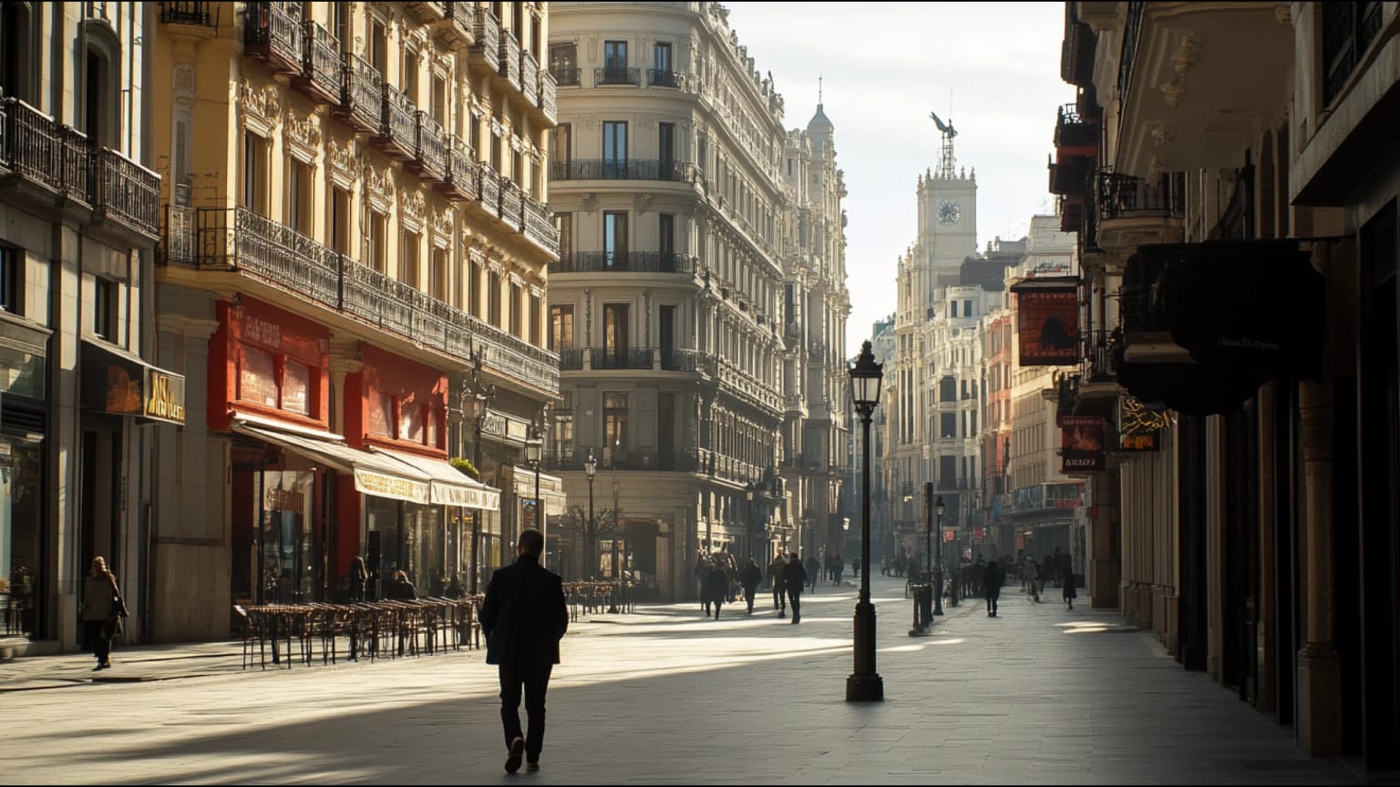 AI-generated hero image: Madrid streetscape blending Gran Via grandeur with old quarter intimacy, a lone figure walking through contested urban space