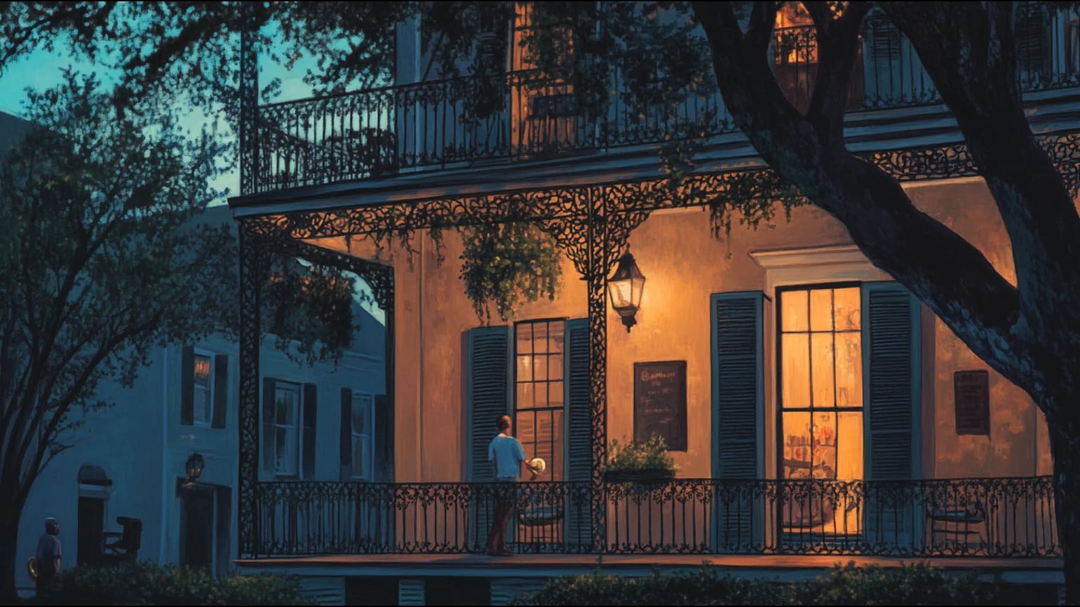 AI-generated hero image: New Orleans French Quarter with ironwork balconies, warm evening light, acoustic atmosphere suggesting music and collective life