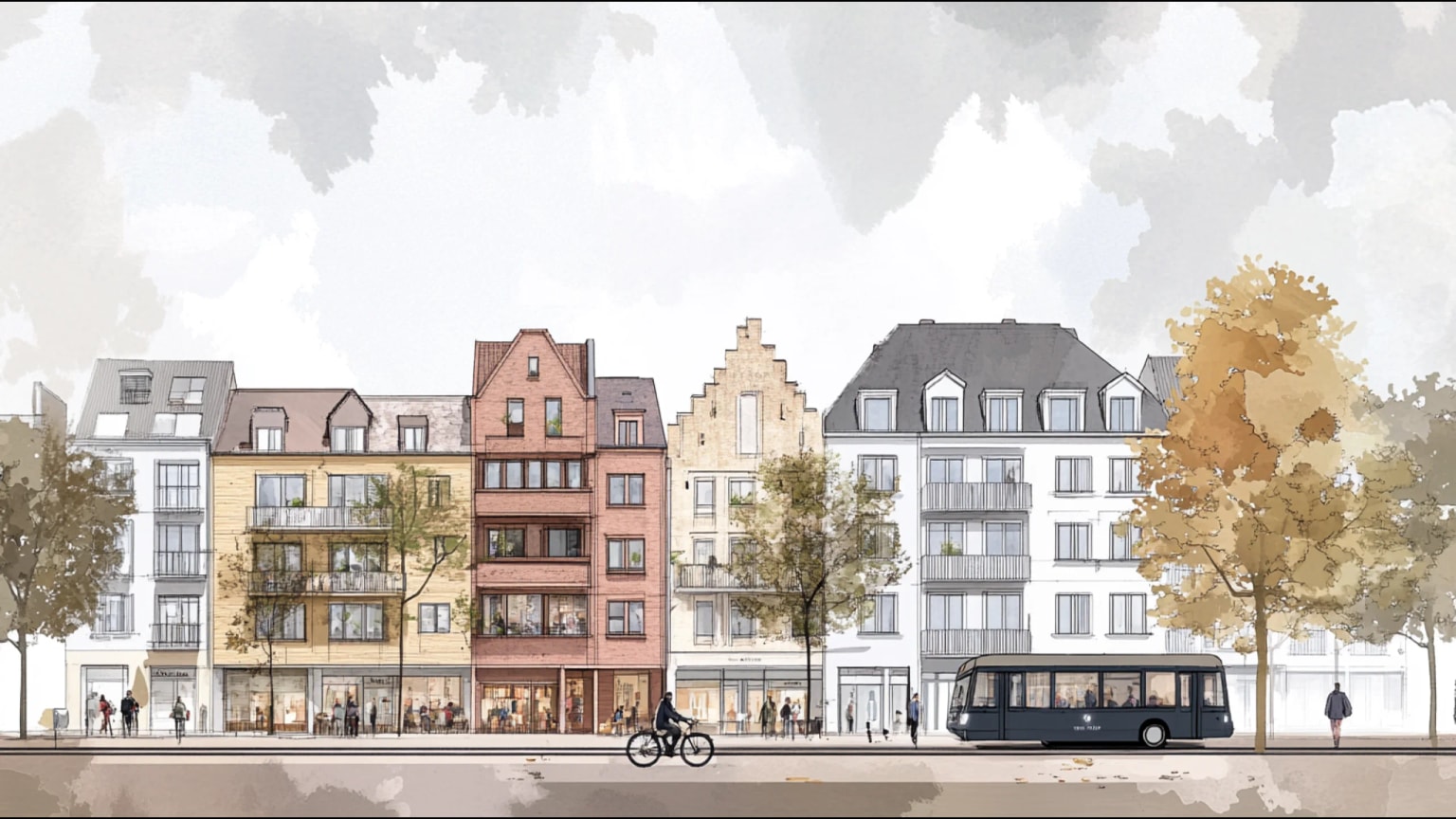 AI-generated hero image: European mid-rise streetscape with porticoes, active ground floors, trams, and climate-responsive façades at human scale