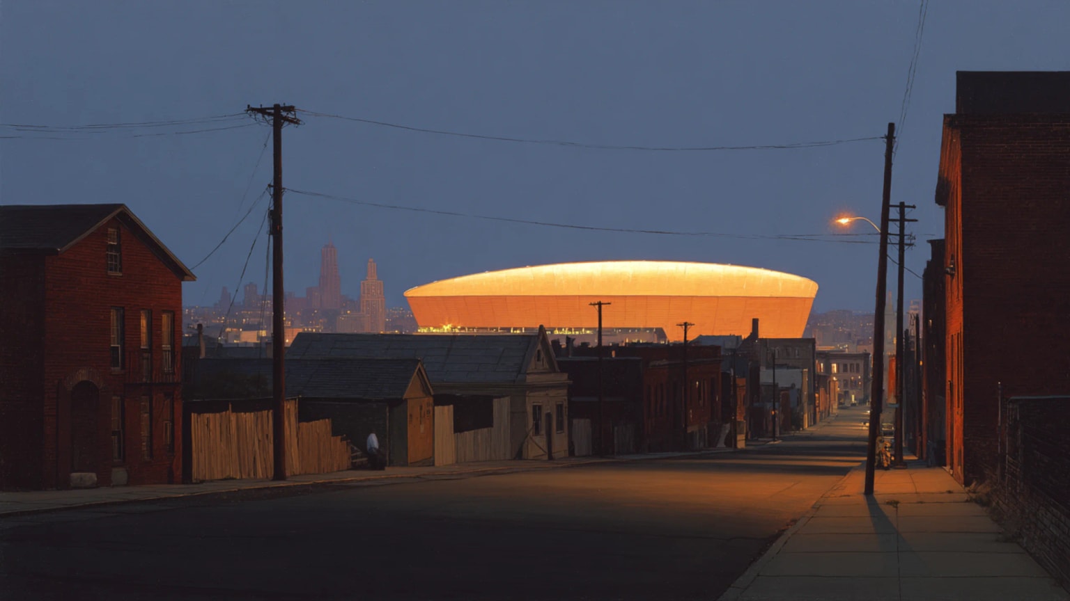 AI-generated hero image: a vast modern sports stadium glowing at dusk above a quiet city skyline, its bright bowl of light contrasting with darkened public buildings and empty streets below