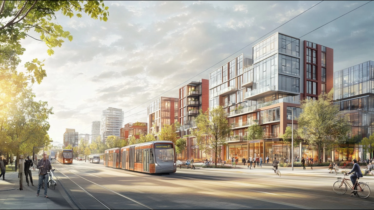 Mid-rise urban blocks with mixed-use ground floors, street trees, trams and pedestrians—the sustainable city at human scale