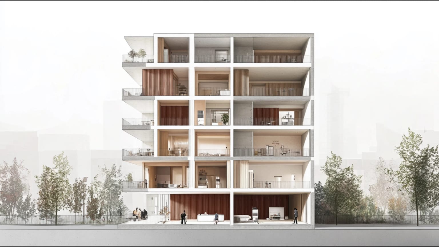AI-generated hero image: architectural cross-section contrasting generous older European housing with compressed contemporary minimum-standard apartments, revealing differences in ceiling height, daylight and proportion