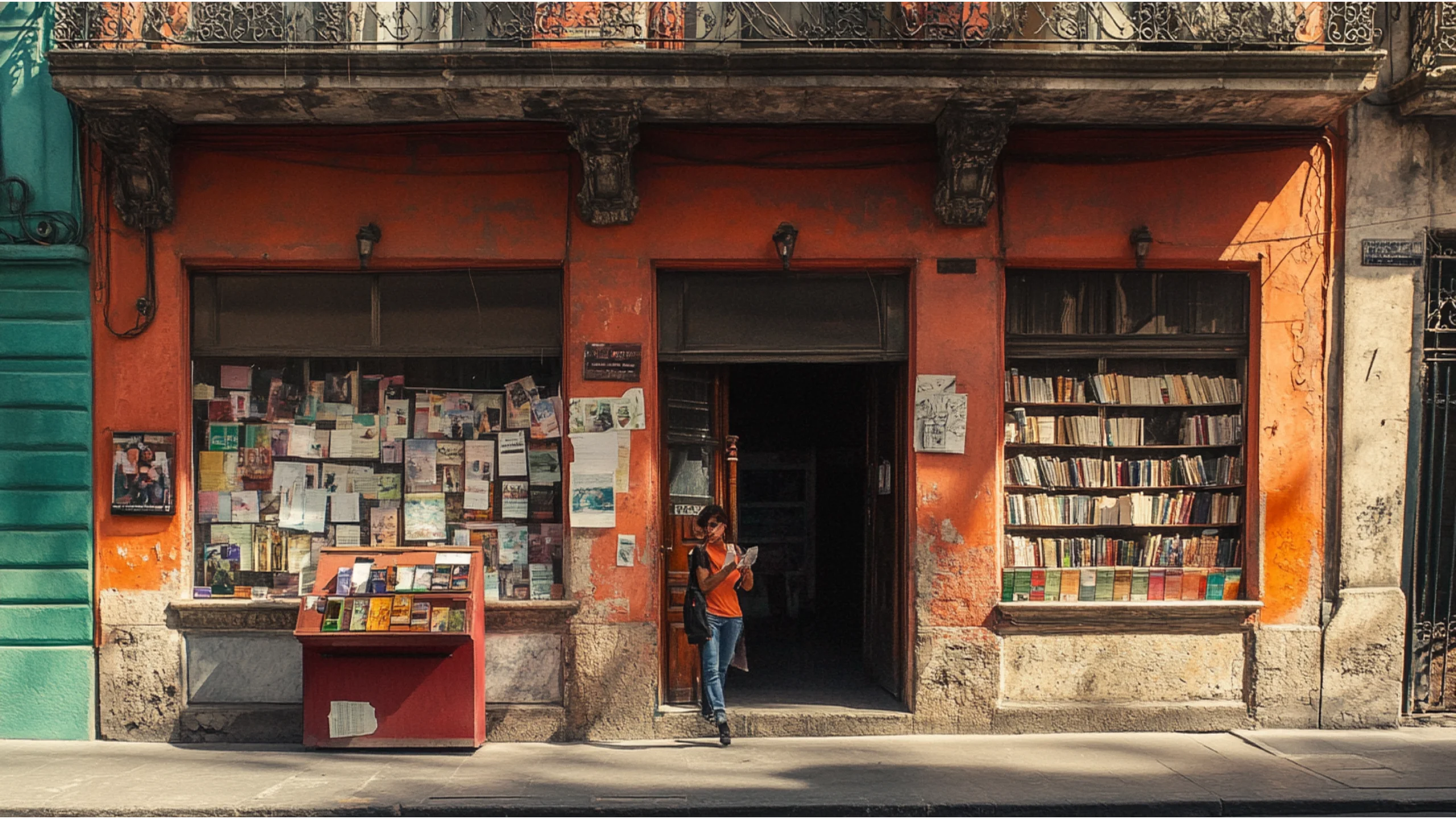 AI-generated hero image: layered Latin American urban palimpsest with art deco facades beside colonial walls, a figure walking through temporal layers