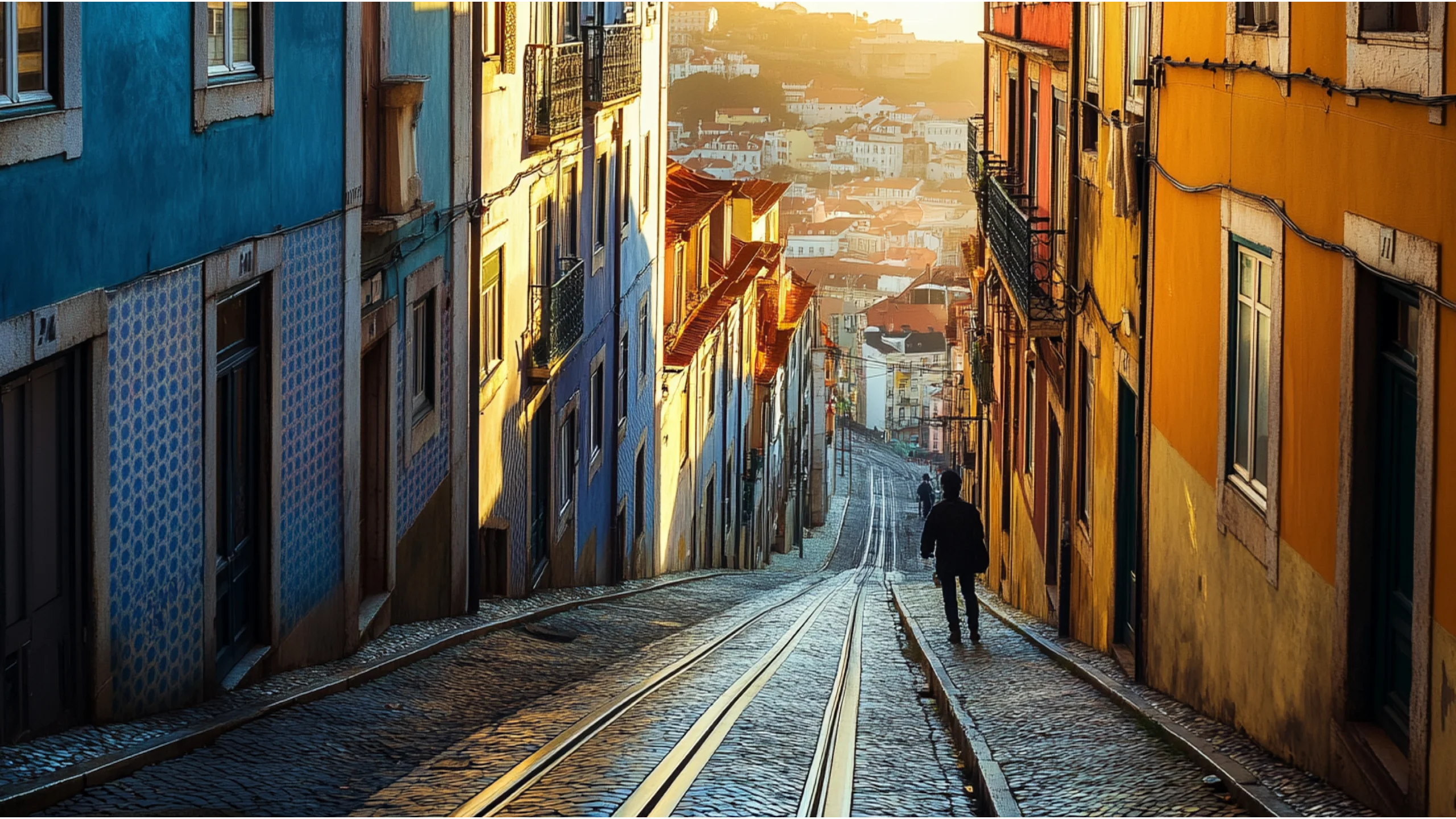 AI-generated hero image: Lisbon hillside with steep staircases and azulejo walls, multiple overlapping perspectives suggesting plurality of perception