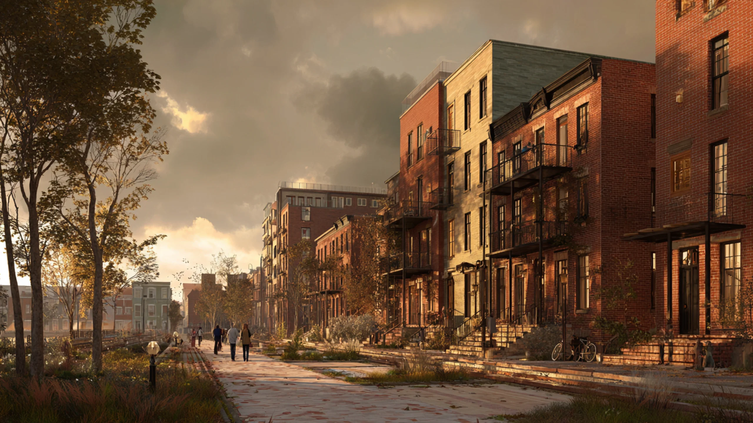 A human-scale city street at dusk — mid-rise buildings with lit windows, a tram, street trees, people walking and sitting at café tables