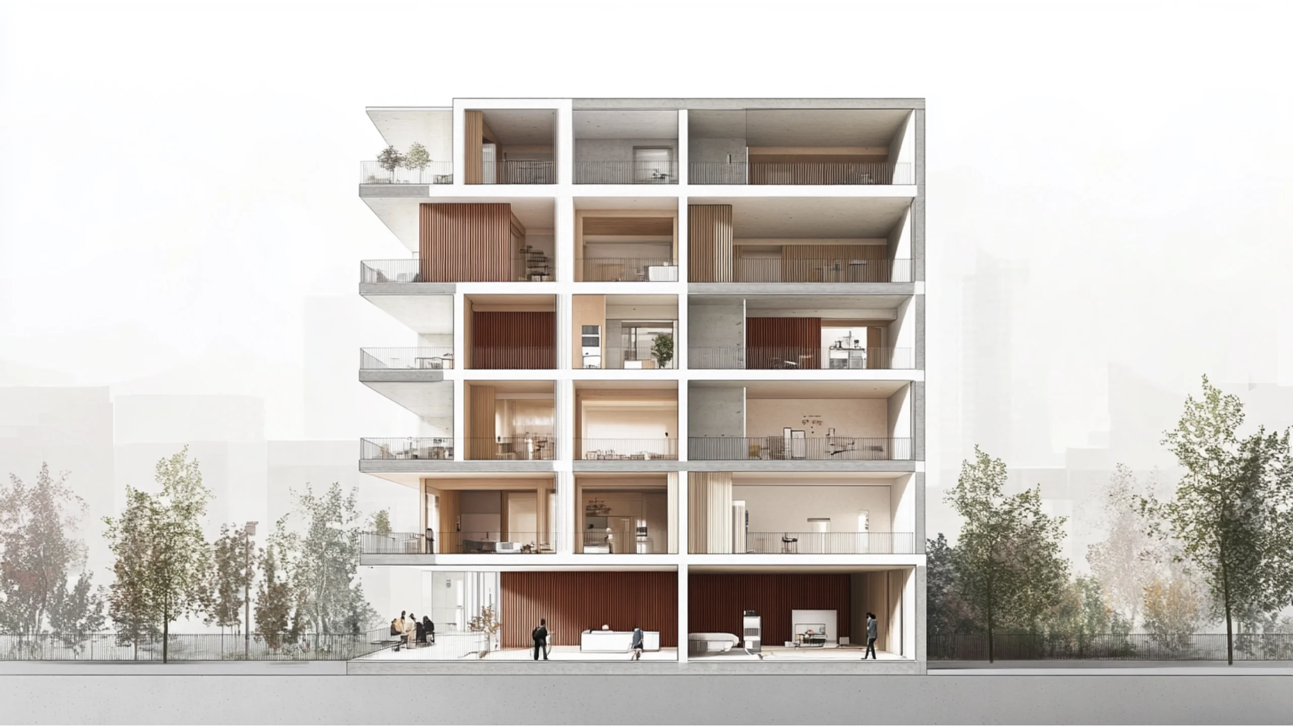 AI-generated hero image: architectural cross-section contrasting generous older European housing with compressed contemporary minimum-standard apartments, revealing differences in ceiling height, daylight and proportion