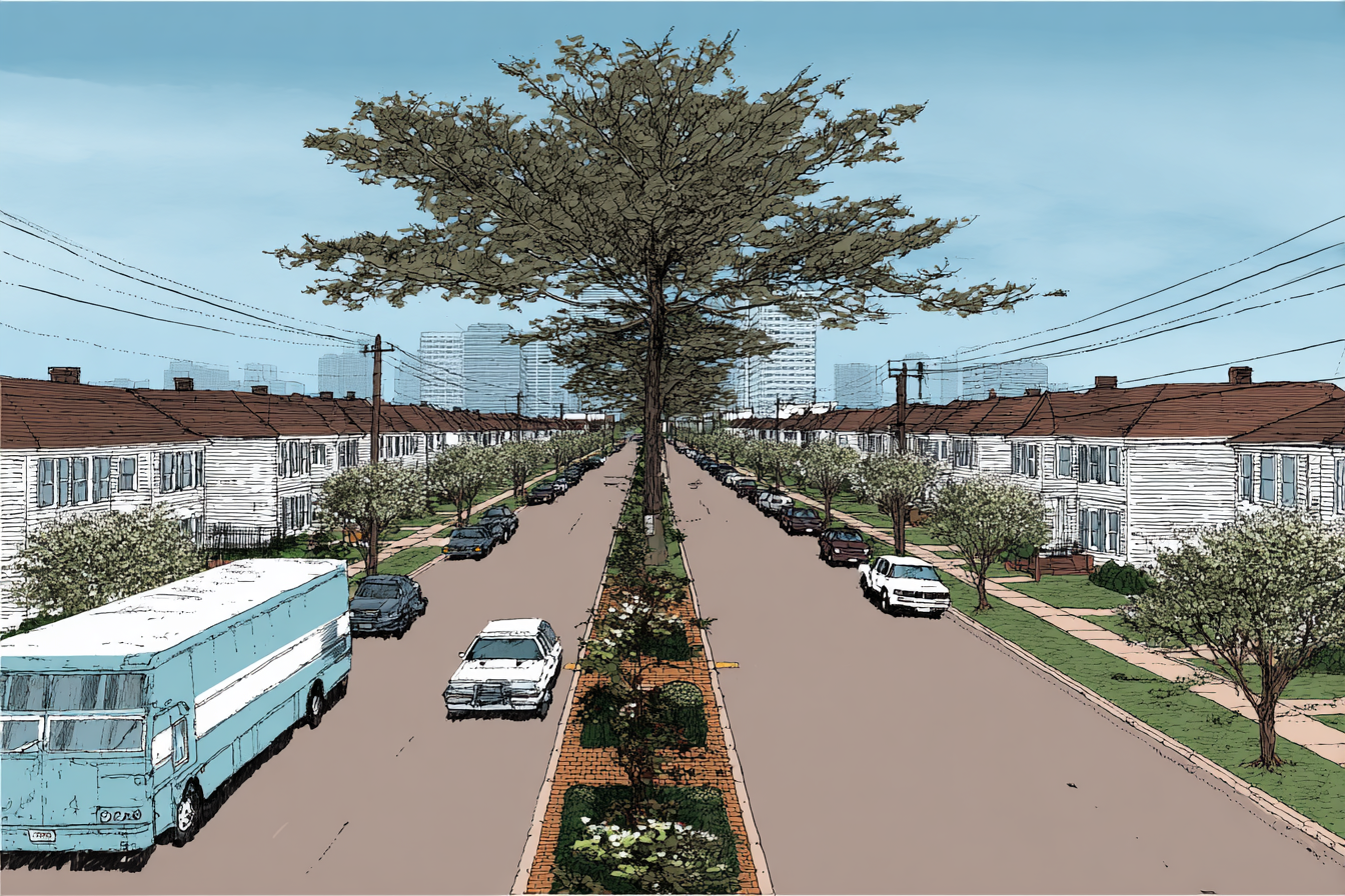 Urban heat island effect visualization showing temperature differential between dense city center and surrounding areas